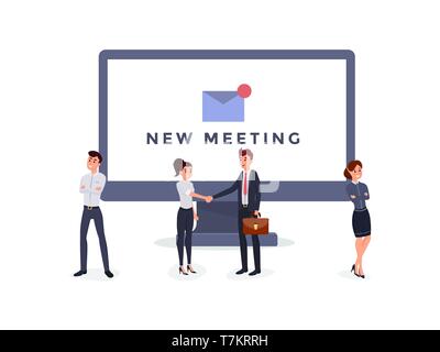 Business people men and women standing and shaking hands near big monitor vector illustration. New meeting concept. Stock Vector