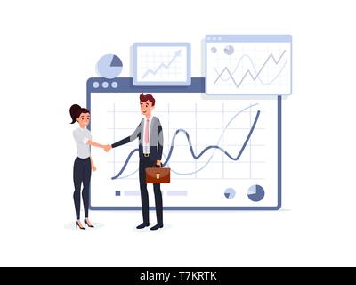 Business people handshake near charts flat style vector illustration. Isolated on white background Stock Vector
