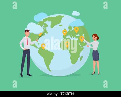 People standing at world globe with pins. Man and woman looking and pointing at geographical location on map. Vector illustration in flat style isolated on green Stock Vector