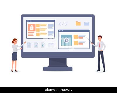 Man and woman pointing to monitor with screen app or website elements flat style vector illustration isolated on white background. Creating business on internet, website deveopment Stock Vector