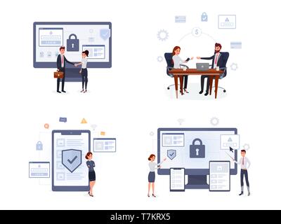 Working people making money negotiating brainstorming safely with help of antivirus near big gadgets and computers vector illustration. Isolated on white background Stock Vector