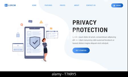 Landing page privacy protection concept. Business woman with secure mobile screen flat design vector illustration. Network security web page, banner, presentation Stock Vector