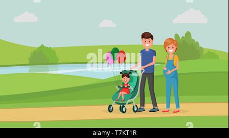 Mother and father walking with newborn daughter in baby carriage in summer park outside flat style vector illustration. City landscape on background Stock Vector