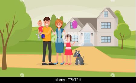 Happy parents with children and dog standing near house flat style vector illustration. Happiness of parenting concept Stock Vector