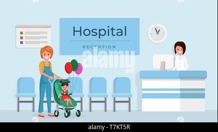 Caring cartoon mother with smiling little daughter in baby carriage at hosp vector illustration. Child holding colorful air balloons. Routine medical examination concept Stock Vector
