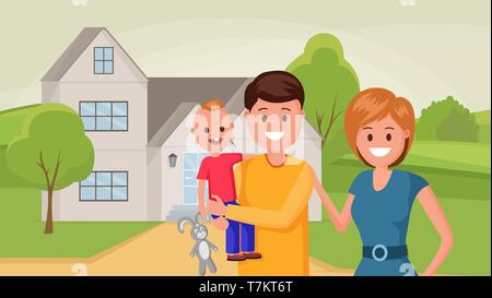 Happy parents with children standing near house flat style vector illustration Stock Vector