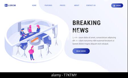 Website template with cartoon speakers sitting near big round table and camera man broadcasting live in high tech room vector illustration. Place for text read more button Stock Vector