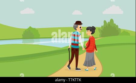 Happy old cute loving couple walking in the park flat style vector illustration Stock Vector