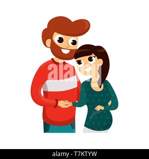 Cartoon smiling people holding hands and hugging. Lovers looking in each other eyes vector illustration. Man and pregnant woman waiting for childs birth. Isolated on white Stock Vector