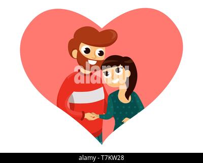 Smiling people holding hands and hugging, looking in each other in big red heart flat style vector illustration isolated on white background Stock Vector