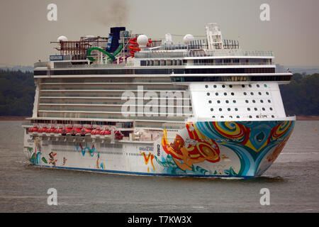 Cruise Ship, Norwegian,Getaway, leaving, Southampton, terminal,water,The Solent, Cowes, Isle of Wight, England, UK, Stock Photo