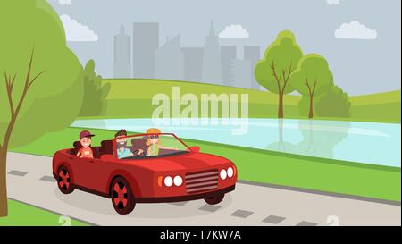 Lovely cartoon married couple with son driving on red car vector illustration. Happy parents with child enjoying travelling. Urban landscape Stock Vector