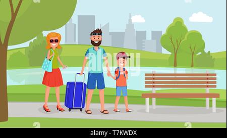 Parents with son going to vacations flat style vector illustration Stock Vector