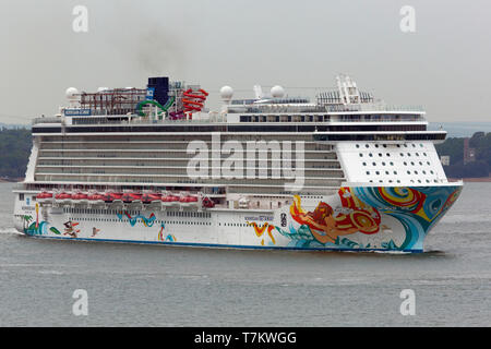 Cruise Ship, Norwegian,Getaway, leaving, Southampton, terminal,water,The Solent, Cowes, Isle of Wight, England, UK, Stock Photo