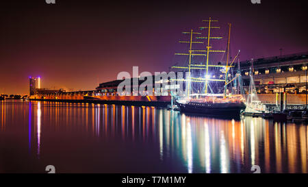 Bremen with Gorch Fock at night Stock Photo