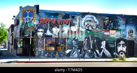 A powerful mural of dead rock stars on the side of the Hippie Gypsy, a smoke shop Emporium on historic 4th Avenue in downtown Tucson, AZ Stock Photo