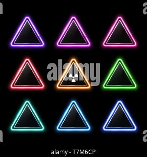 Glowing colorful set of neon rounded triangles. Stock Vector