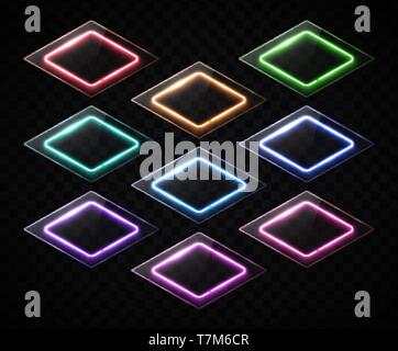 Rhombus banners set. Neon led halogen lamp signs. Stock Vector