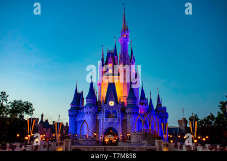 Orlando, Florida. April 02, 2019. Illuminated and colorful Cinderella's Castle  at Magic Kingdom in Walt Disney World area. Stock Photo