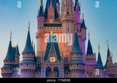 Orlando, Florida. April 02, 2019. Partial view of Cinderella's Castle on lightblue background at Walt Disney World  (2) Stock Photo