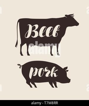 Farm animals. Butcher shop, fresh meat vector illustration Stock Vector