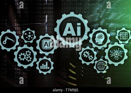 Artificial intelligence hi-tech business technologies concept. Futuristic server room background. AI Stock Photo