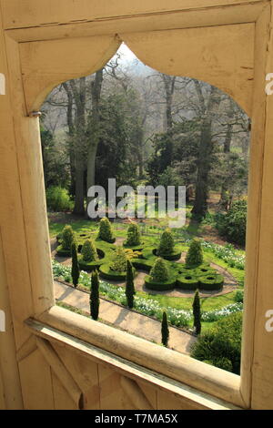 Belvoir Castle gardens. Box parterres featuring the initials of the Duke and Duchess of Rutland (D & E), seen from the stateley home's summer house