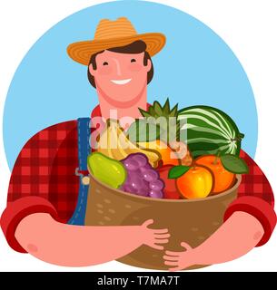 Farmer holding a basket of fresh fruit. Natural product, food vector illustration Stock Vector