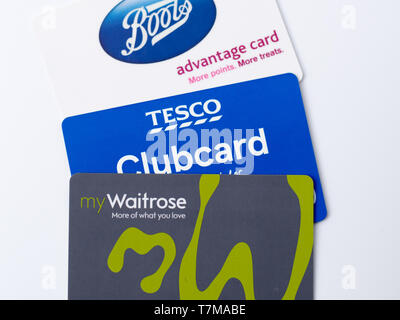 Loyalty Card - Boots advantage, Tesco Clubcard, My waitrose Stock Photo