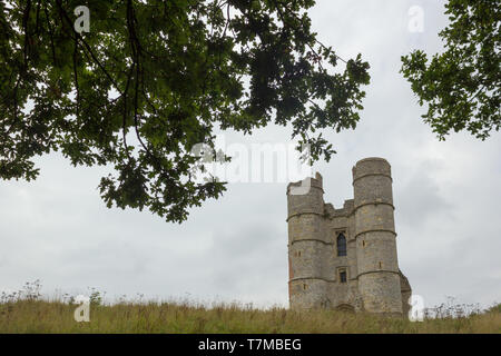 View through an oak tree of the ruins of Donnington Castle, Newbury, Berkshire, UK Stock Photo