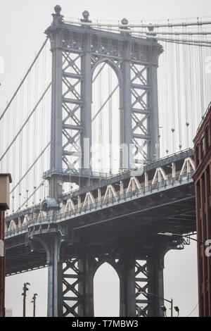 Portrait of the famous Manhattan bridge in Dumbo on the streets of Brooklyn, New York Stock Photo
