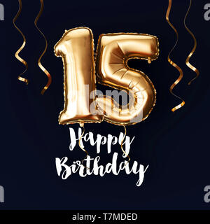 Happy 15th Birthday gold foil balloon background with ribbons. 3D Render Stock Photo
