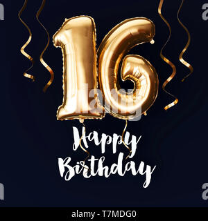 Happy 16th Birthday gold foil balloon background with ribbons. 3D Render Stock Photo