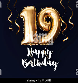 Happy 19th Birthday gold foil balloon background with ribbons. 3D Render Stock Photo