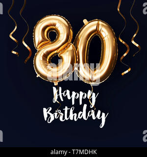 Happy 80th Birthday gold foil balloon background with ribbons. 3D Render Stock Photo