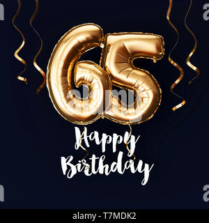 Happy 65th Birthday gold foil balloon background with ribbons. 3D Render Stock Photo