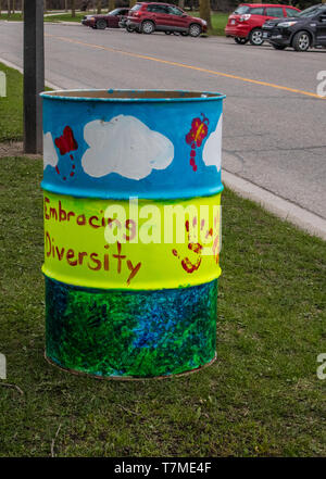 Garbage Can Decorating Competition, annual event in Stratford, Ontario, Canada. Contest open for elementary schools, theme:  'Embracing Diversity'. Stock Photo