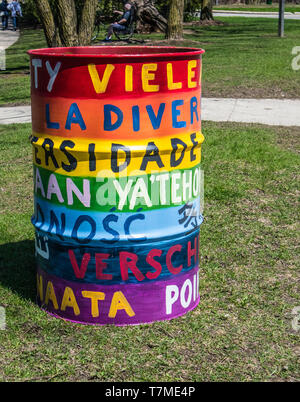 Garbage Can Decorating Competition, annual event in Stratford, Ontario, Canada. Contest open for elementary schools, theme:  'Embracing Diversity'. Stock Photo