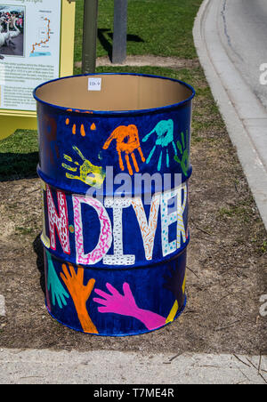 Garbage Can Decorating Competition, annual event in Stratford, Ontario, Canada. Contest open for elementary schools, theme:  'Embracing Diversity'. Stock Photo