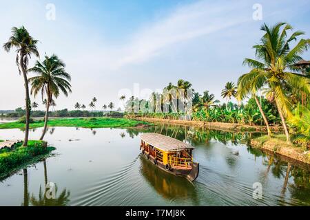 India, state of Kerala, Kumarakom, village set in the backdrop of the Vembanad Lake, backwaters (lagoons and channels networks) sightseeing by kettuvallam (traditional boat) Stock Photo