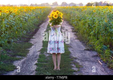 girl holding a huge bouquet of sunflowers in their hands Stock Photo