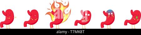 Cute cartoon stomach character emoji set in different positions and emotions collection. Vector organ digestive system ulcer, gastritis, nausea, vomit Stock Vector