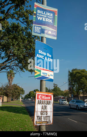 Johannesburg, South Africa, 7th May, 2019. Election posters are seen in Emmarentia on the eve of national elections, May 8. Credit: Eva-Lotta Jansson/Alamy Stock Photo