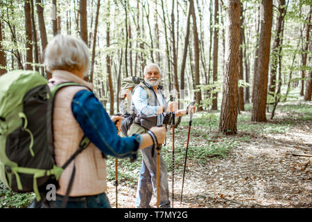 Beautiful senior couple hiking with backpacks and trekking sticks in the forest. Concept of active lifestyle on retirement Stock Photo