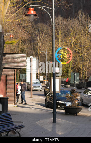 Sinaia, Romania - March 09, 2019: Bicycle access sign on light post in Prahova county, Romania. Stock Photo