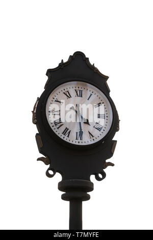 isolated vintage exterior clock with roman numbers indicating 16:30 Stock Photo