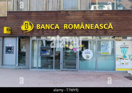 Sinaia, Romania - March 09, 2019: 'Banca Romaneasca' romanian bank branch situated  in Sinaia,  Prahova, Romania. Stock Photo
