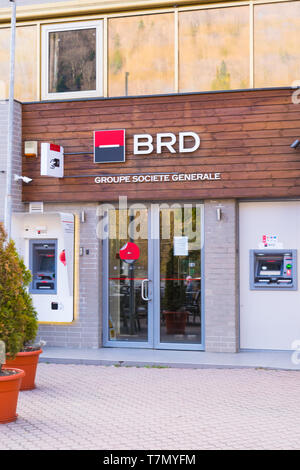 Sinaia, Romania - March 09, 2019: 'BRD' - Group Societe Generale - romanian bank branch entrance and ATM situated in Sinaia,  Prahova, Romania. Stock Photo