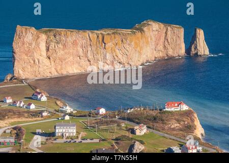 Canada, Quebec, Gaspe Peninsula, Perce, elevated view of town and Perce Rock from Mont Ste-Anne, autumn Stock Photo