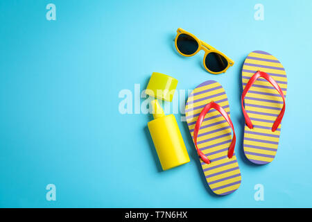 Summer vacation composition on color background. Space for text, top view Stock Photo